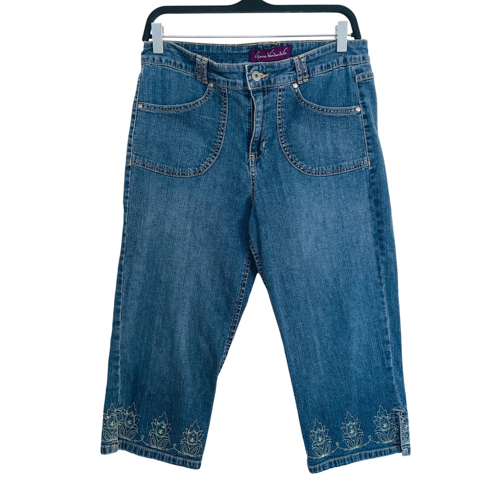 Gloria Vanderbilt Blue Denim Capri Pants Floral Embroidered Sequin Size 10